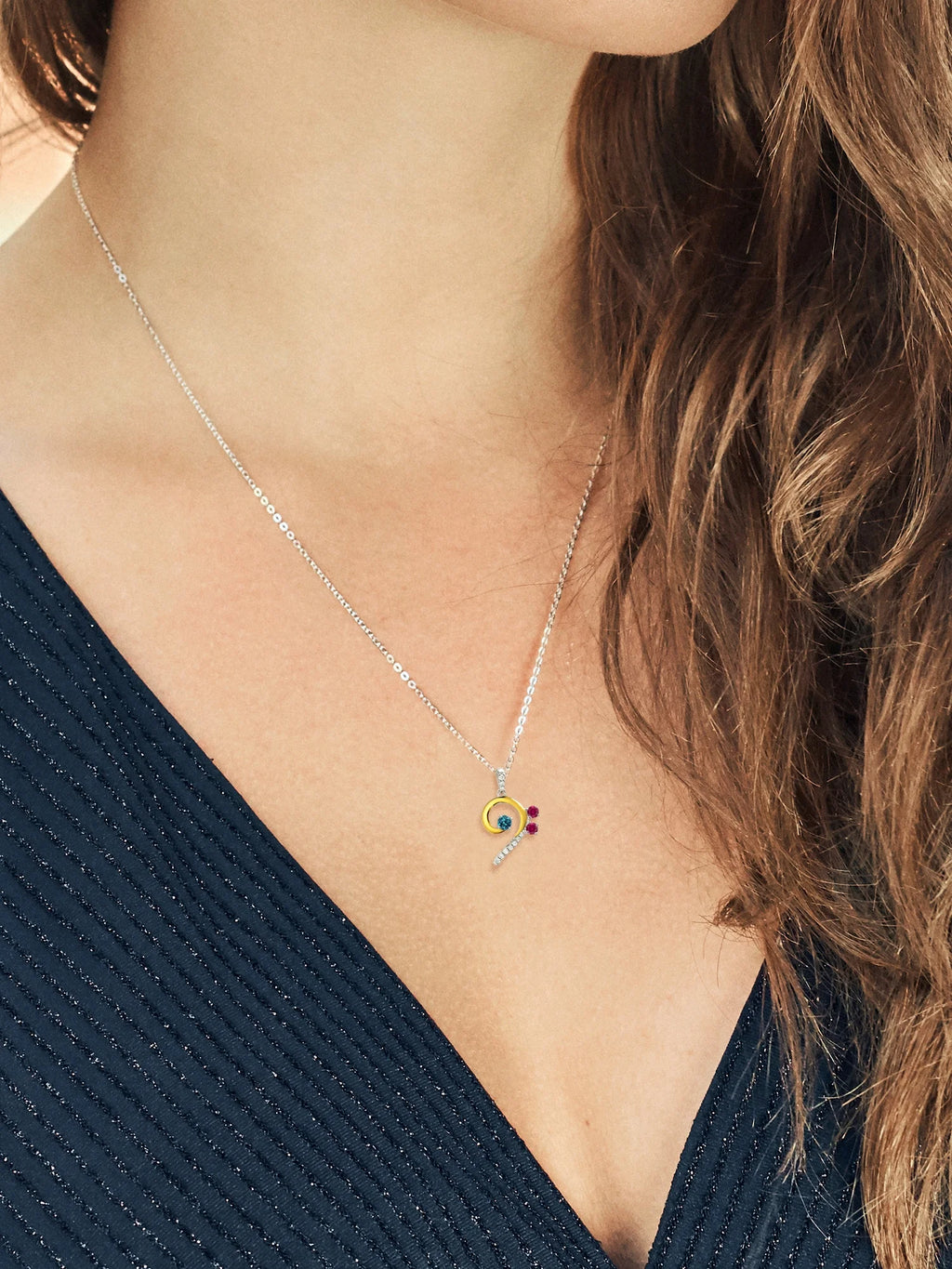 London Blue Topaz Red Created Ruby White Lab Grown Diamond Bass Clef Music Note Pendant Necklace with 18 inch Chain Y4041