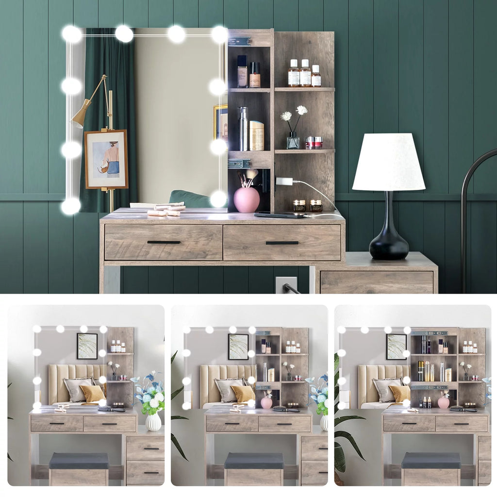 Lighted Vanity Makeup Table Set with Sliding Mirror and Cushioned Stool H8244