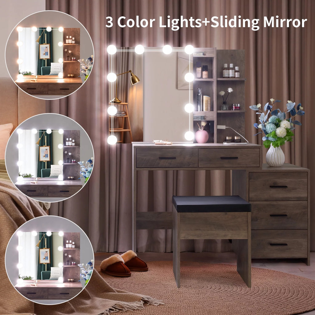 Lighted Vanity Makeup Table Set with Sliding Mirror and Cushioned Stool H8244