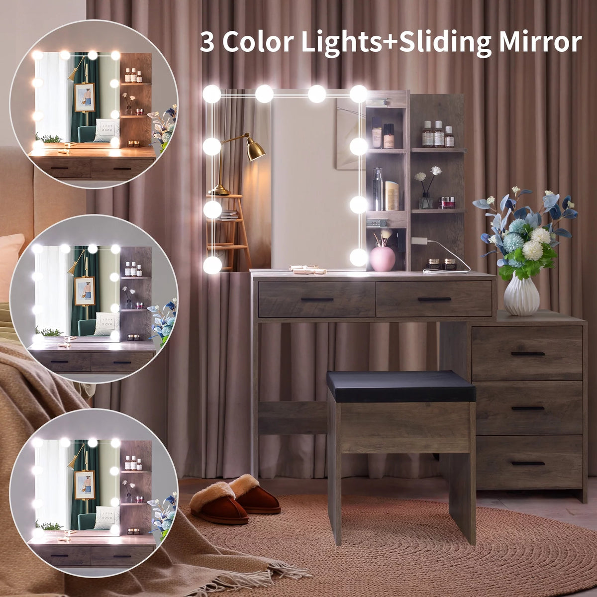 Lighted Vanity Makeup Table Set with Sliding Mirror and Cushioned Stool H8244