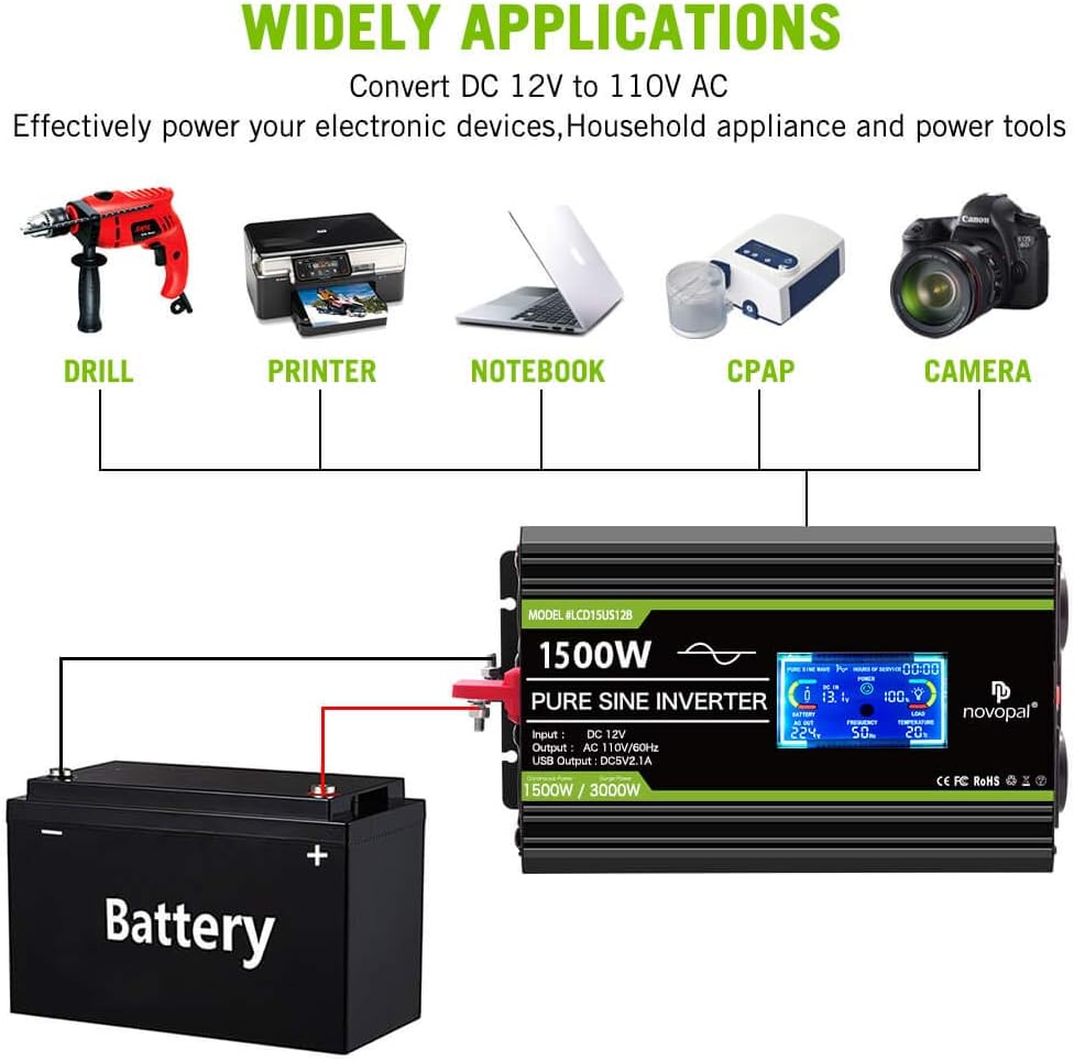 1500 Watt Pure Sine Wave Power Inverter DC 12V to 110V/120V with 4 AC Outlets and USB Port C199974