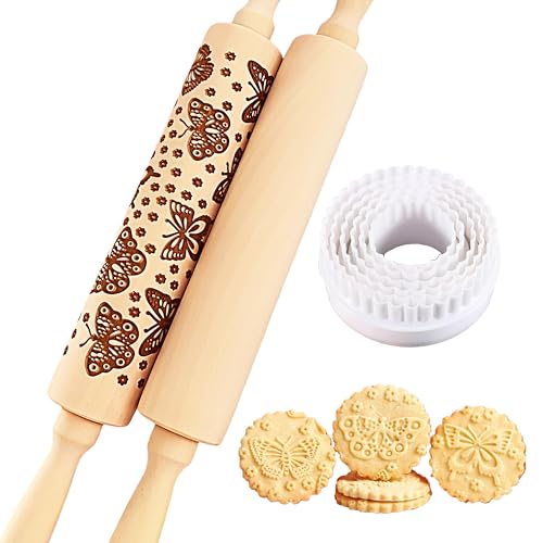 Wooden Embossed Rolling Pin with Butterfly Pattern P1246