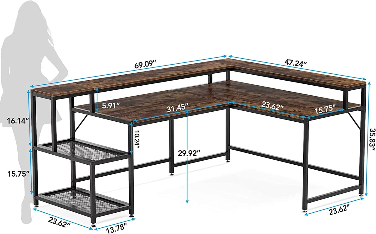 69" Reversible L Shaped Corner Computer Desk with Monitor Stand Y1507