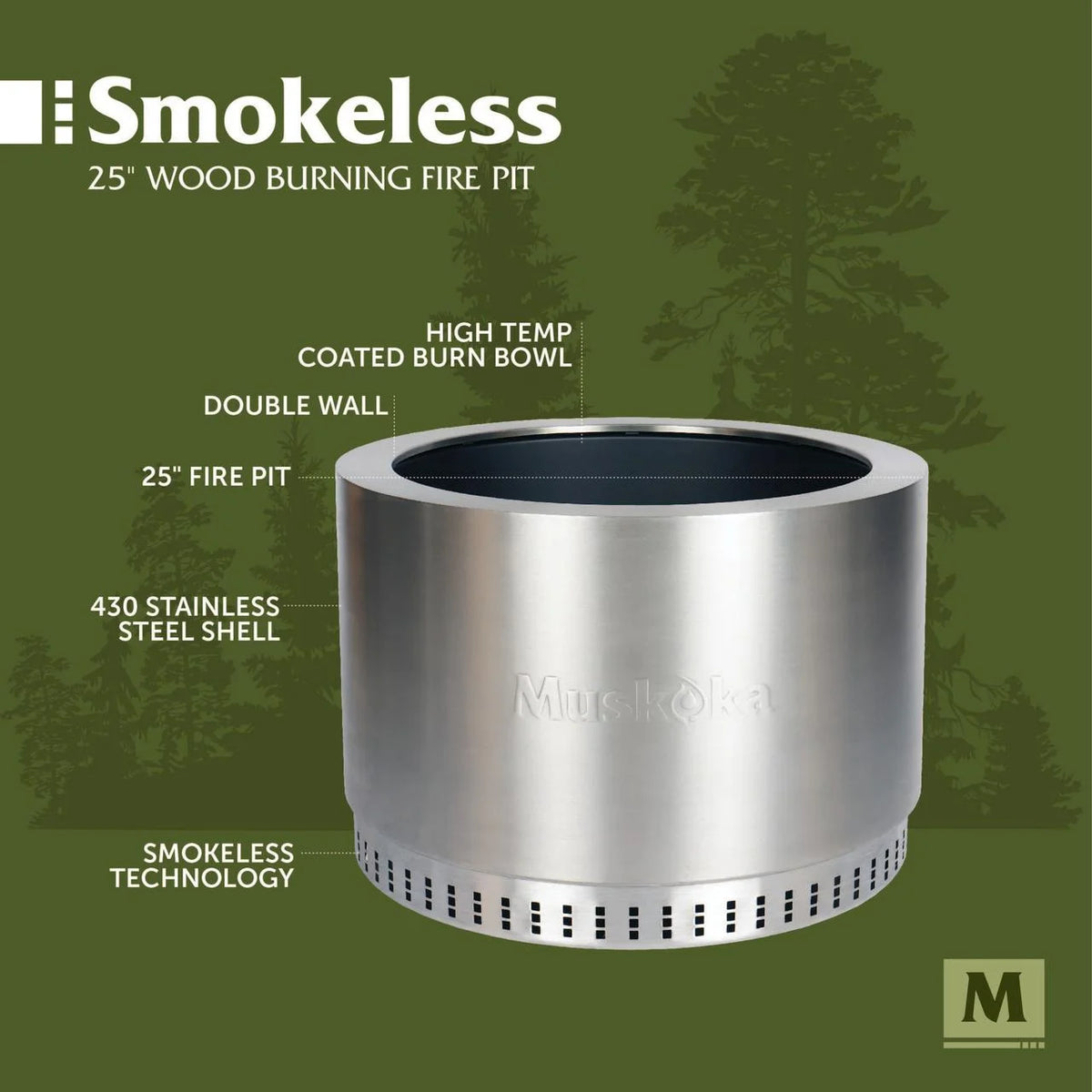 25 Stainless Steel Smokeless Wood Burning Fire Pit with Cover B7924