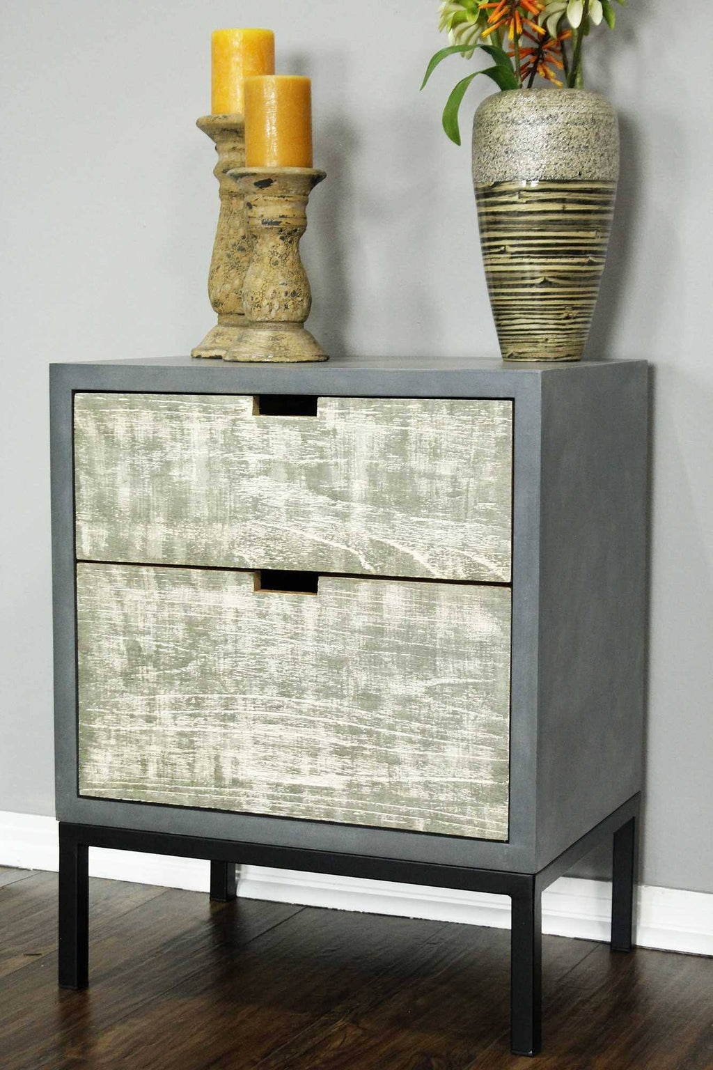 Distressed Gray Iron Accent Cabinet with 2 Wood Drawers X65545