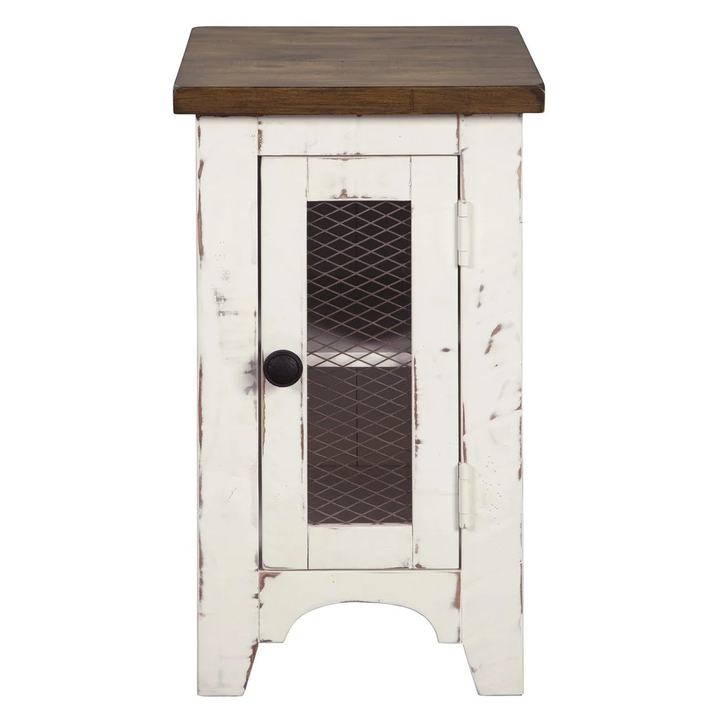 Brown and White Chair Side End Table with Wire Metal Grill Cabinet P497991
