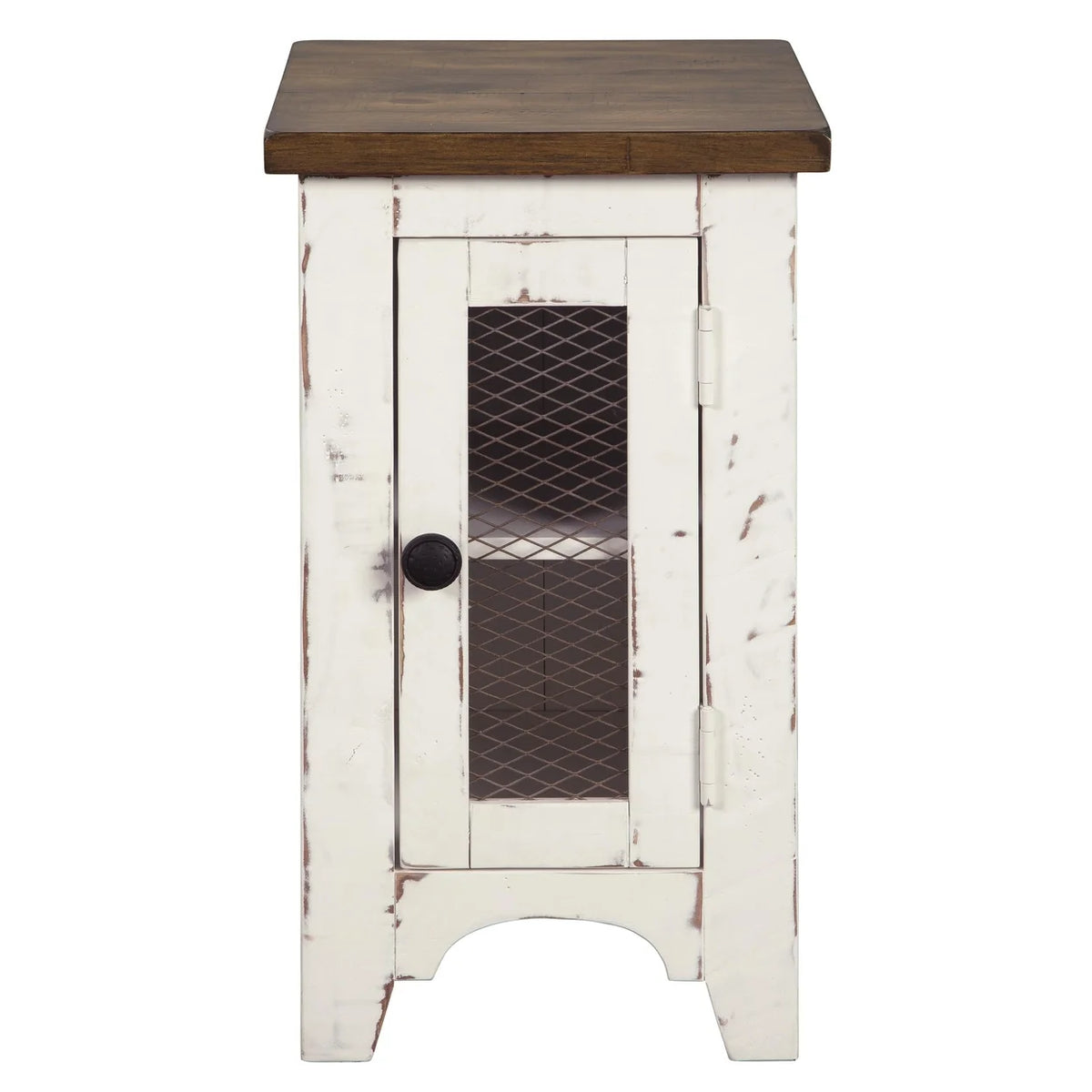 Brown and White Chair Side End Table with Wire Metal Grill Cabinet P497991