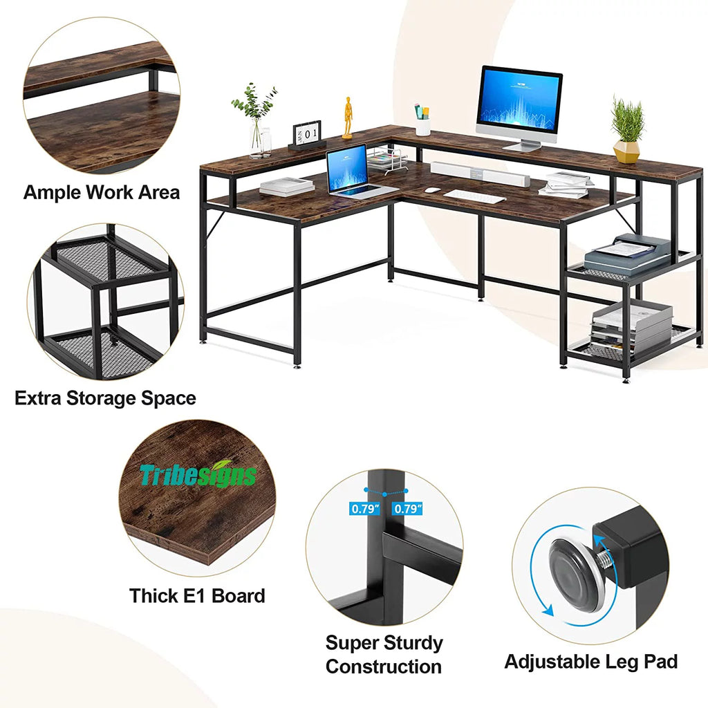 69" Reversible L Shaped Corner Computer Desk with Monitor Stand Y1507