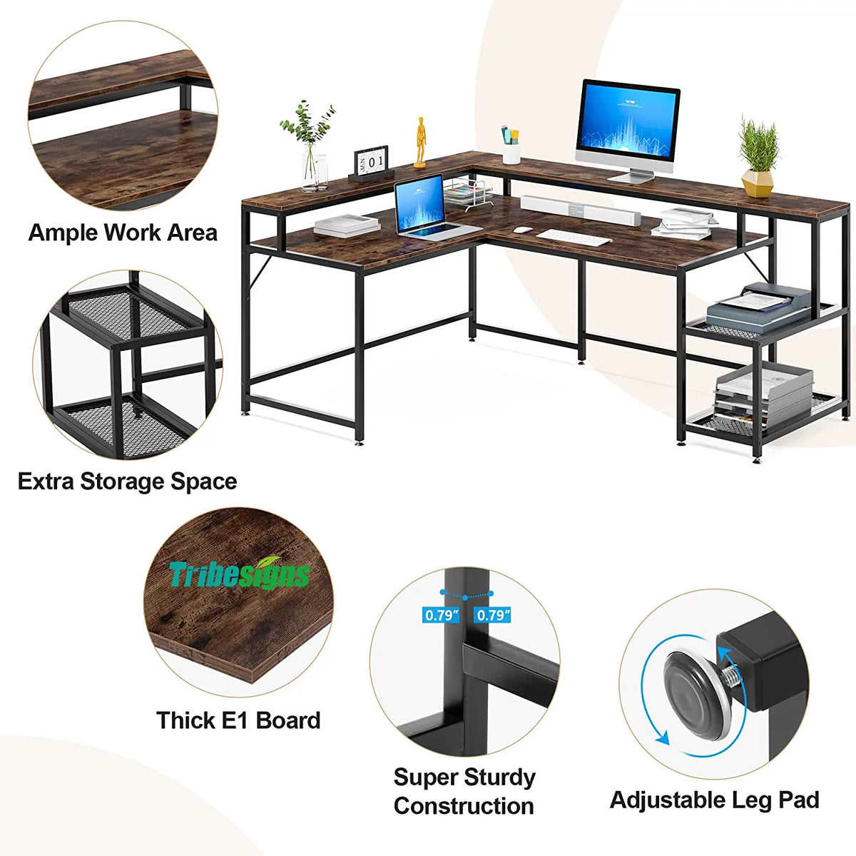 69" Reversible L Shaped Corner Computer Desk with Monitor Stand Y1507