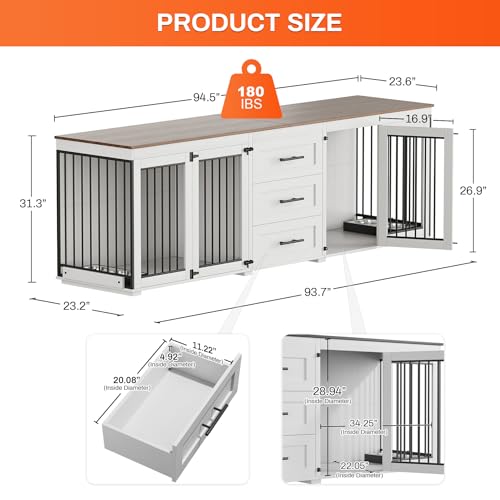 94.5" Dog Crate Furniture with 3 Storage Drawer, 4 Bowls, Grey J857326
