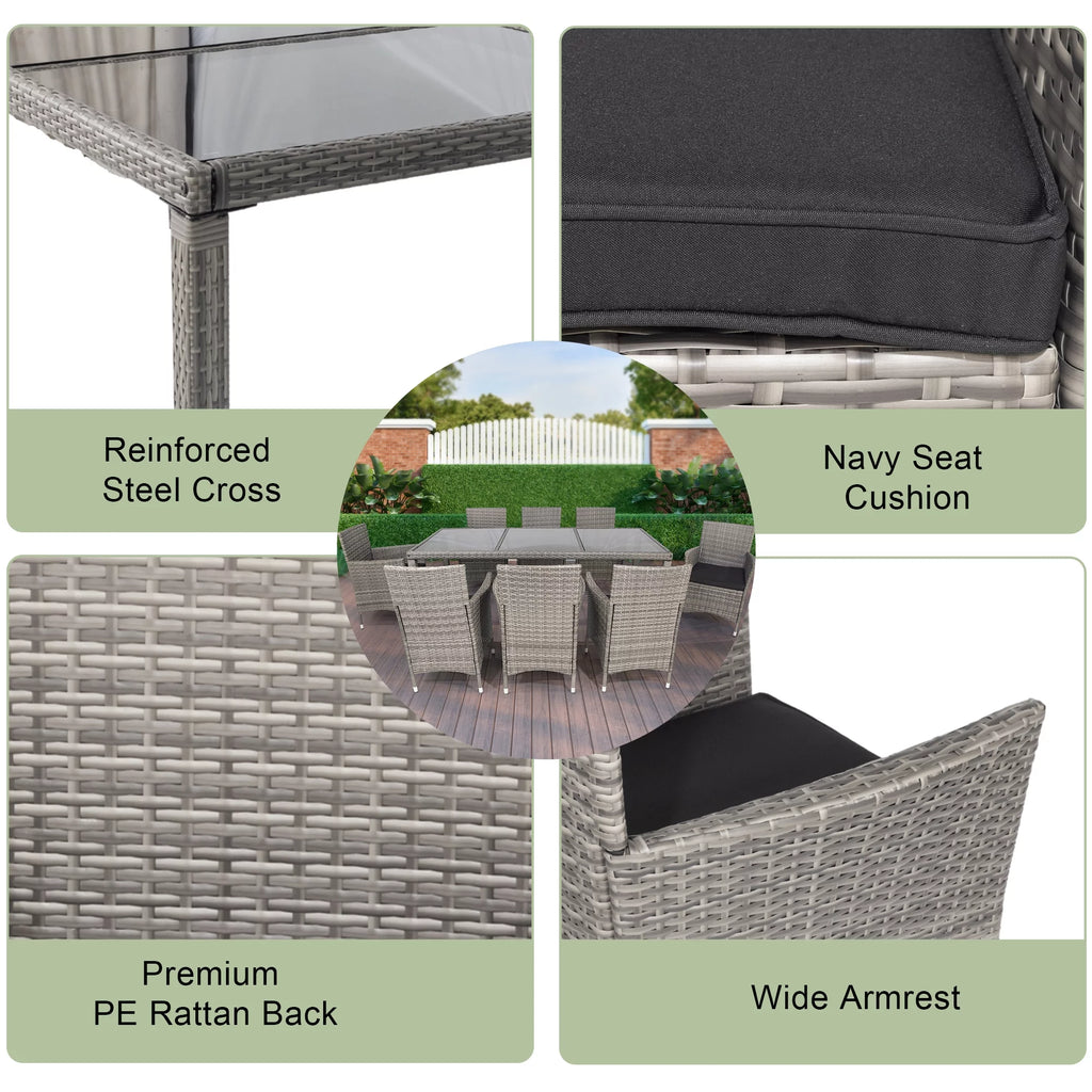 9 Pieces Wicker Outdoor Dining Set with Glass Tabletop and Cushioned Chairs C4544