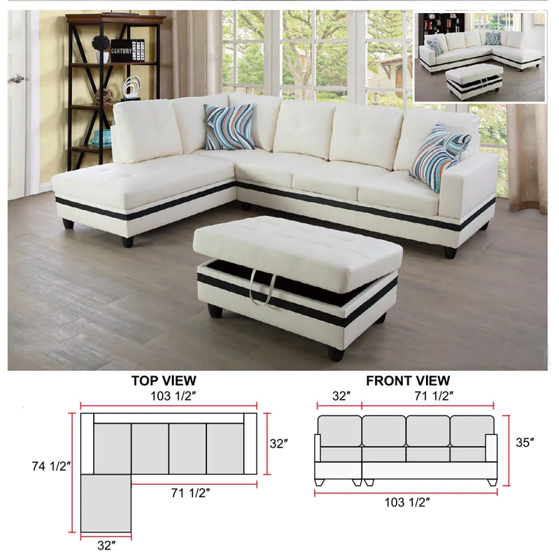 Black&White Leather Sectional Sofa Set with Storage Ottoman and Matching Pillows F21951