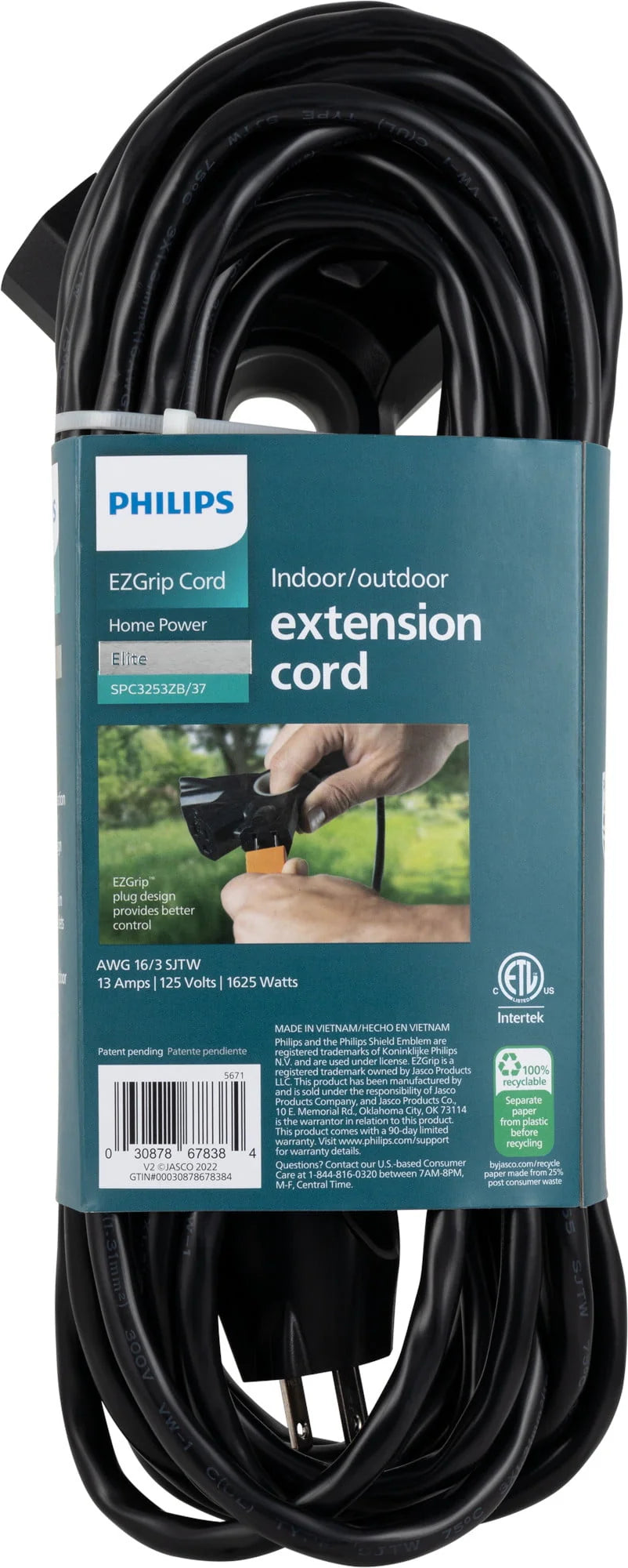 Black 25FT 16 AWG 3-Outlet Extension Cord W5609