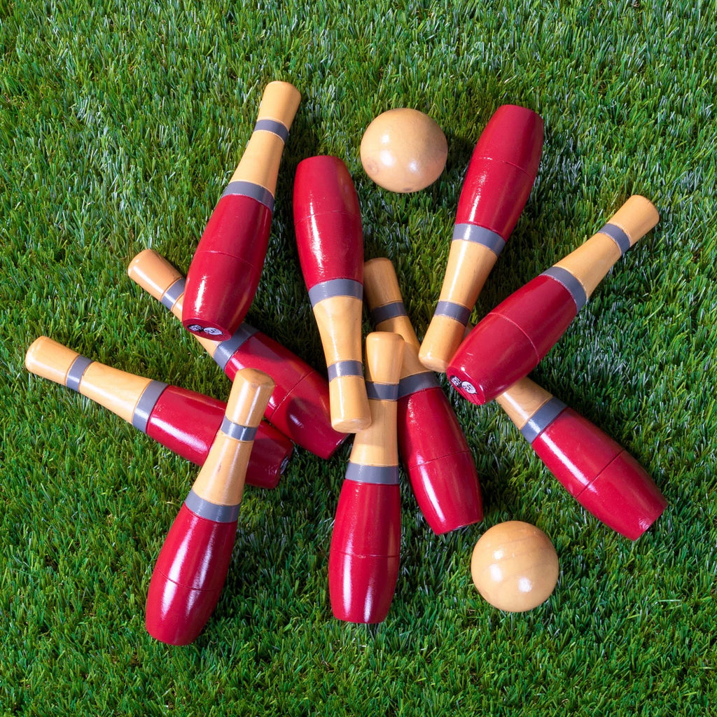 Lawn Bowling Game Set with 10 Wooden Pins, 2 Balls, and Mesh Bag V68607