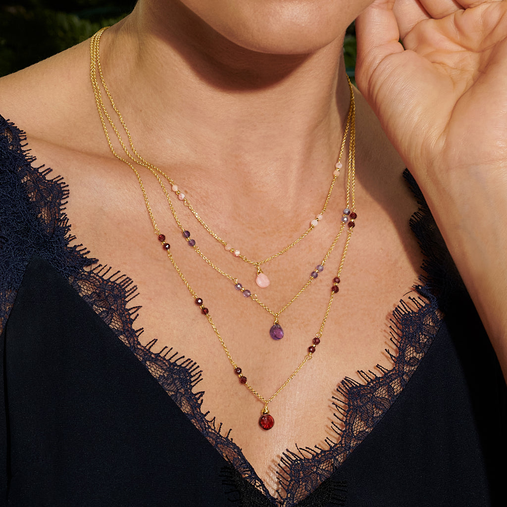 Italian Pink Opal Multi-Gemstone Layered Necklace in 24kt Gold Over Sterling T36439