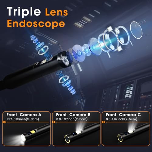 Triple Lens Sewer Inspection Camera with Light 50 ft, 5" IPS Screen 1080P Industrial Borescope, IP67 Waterproof Q701