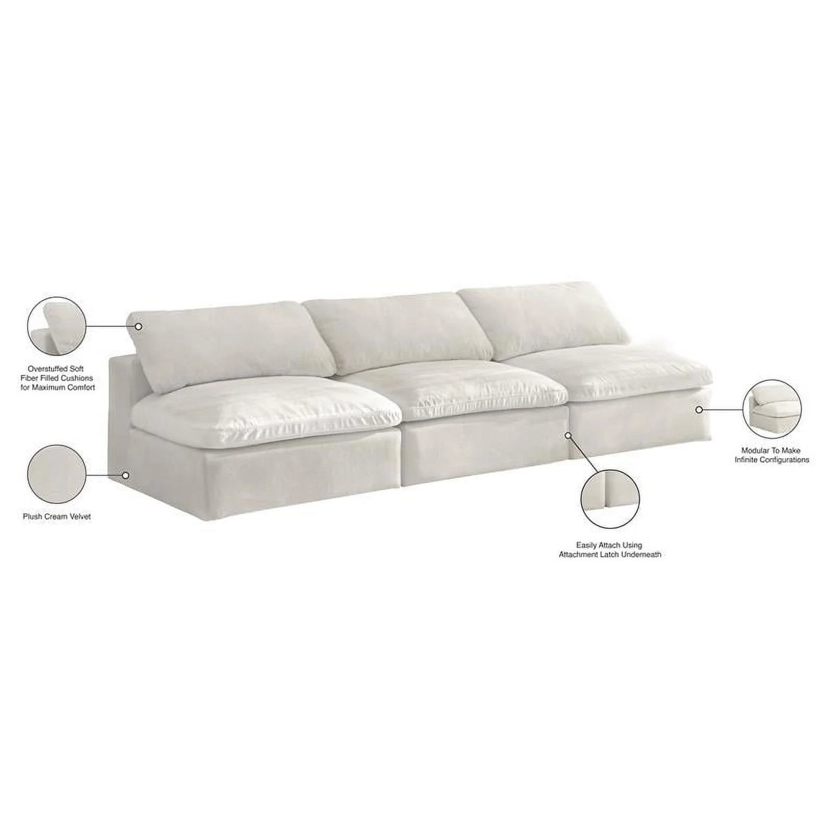 Cream Velvet Modular 3 Piece Armless Sofa J9767