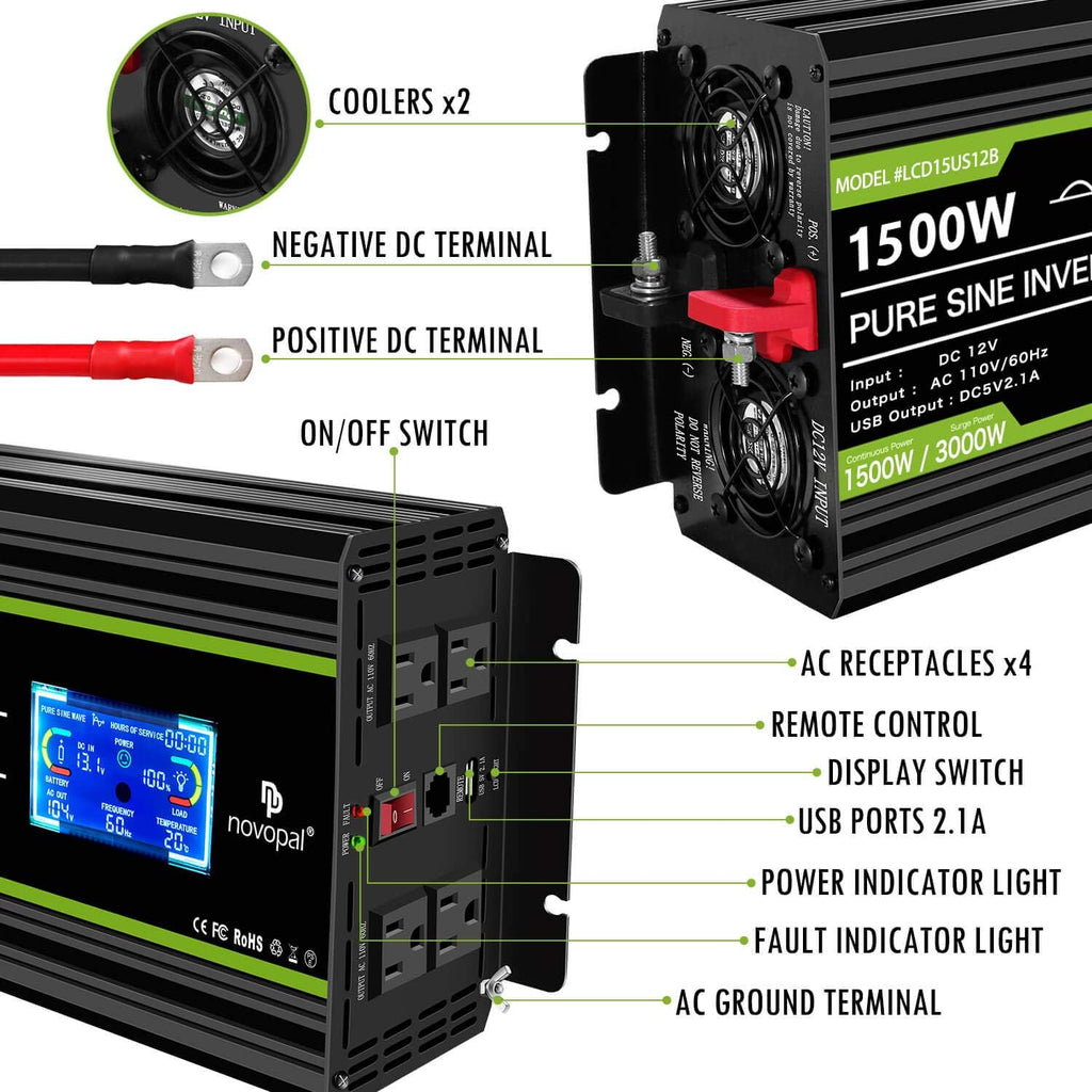 1500 Watt Pure Sine Wave Power Inverter DC 12V to 110V/120V with 4 AC Outlets and USB Port C199974