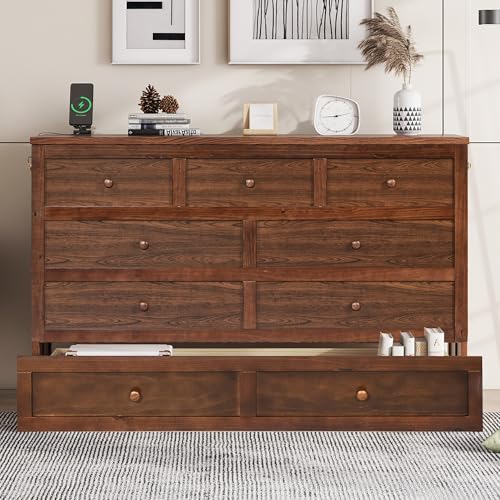 Solid Pine Queen Size Murphy Cabinet Wall Bed with Storage Drawers I44434
