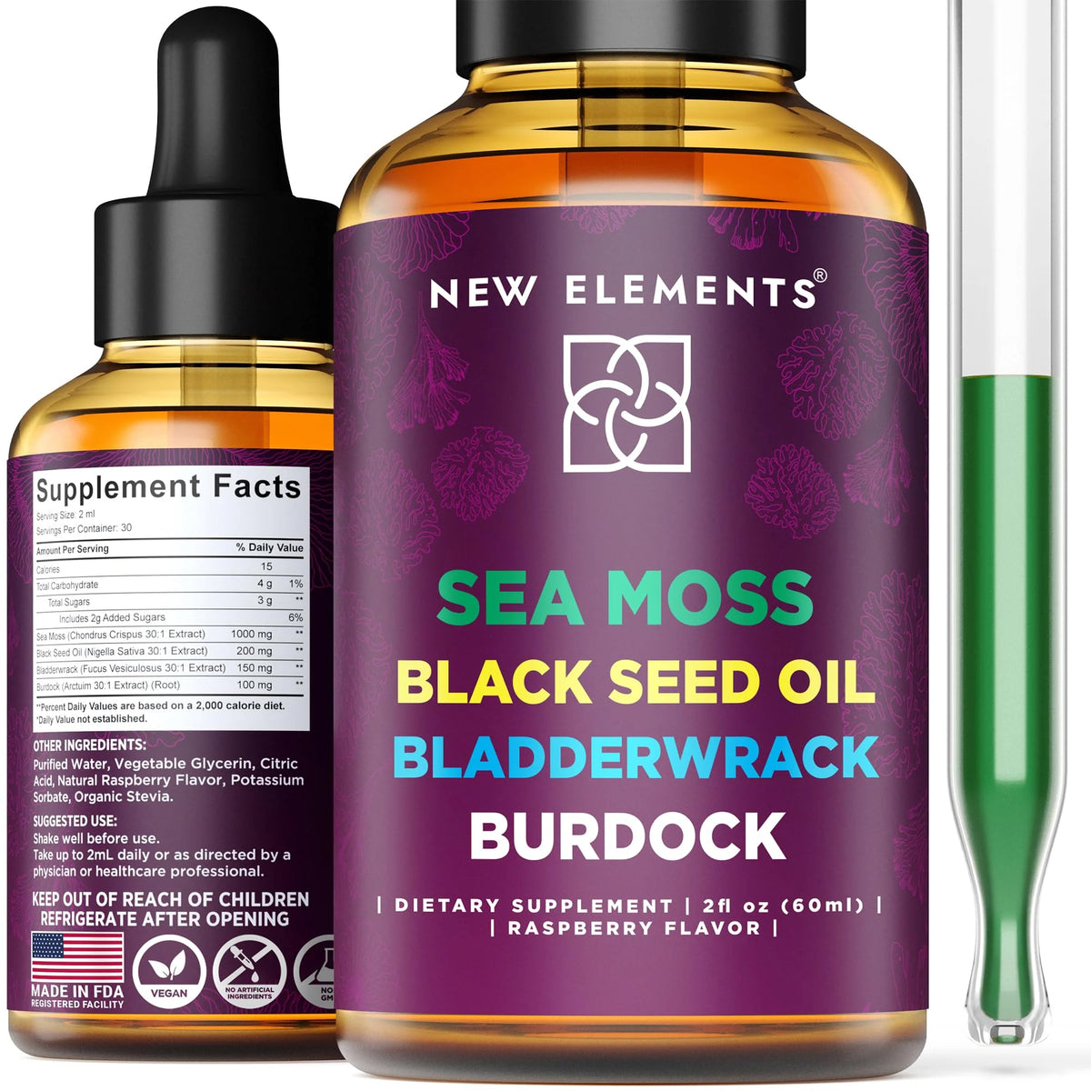 Organic Sea Moss Liquid Extract with Black Seed Oil, Bladderwrack & Burdock Root, 1000mg, 4 in 1, Raspberry Flavor, Vegan Y410