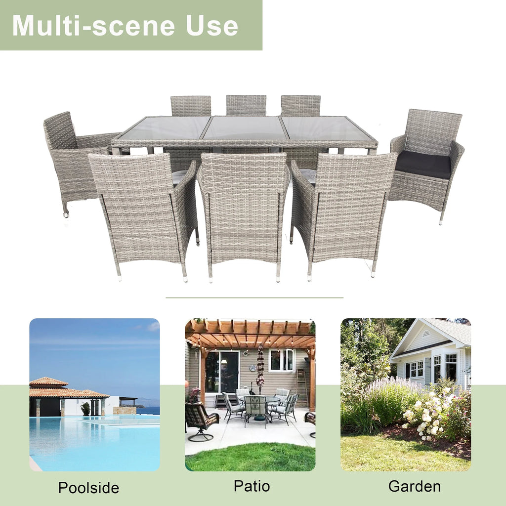 9 Pieces Wicker Outdoor Dining Set with Glass Tabletop and Cushioned Chairs C4544