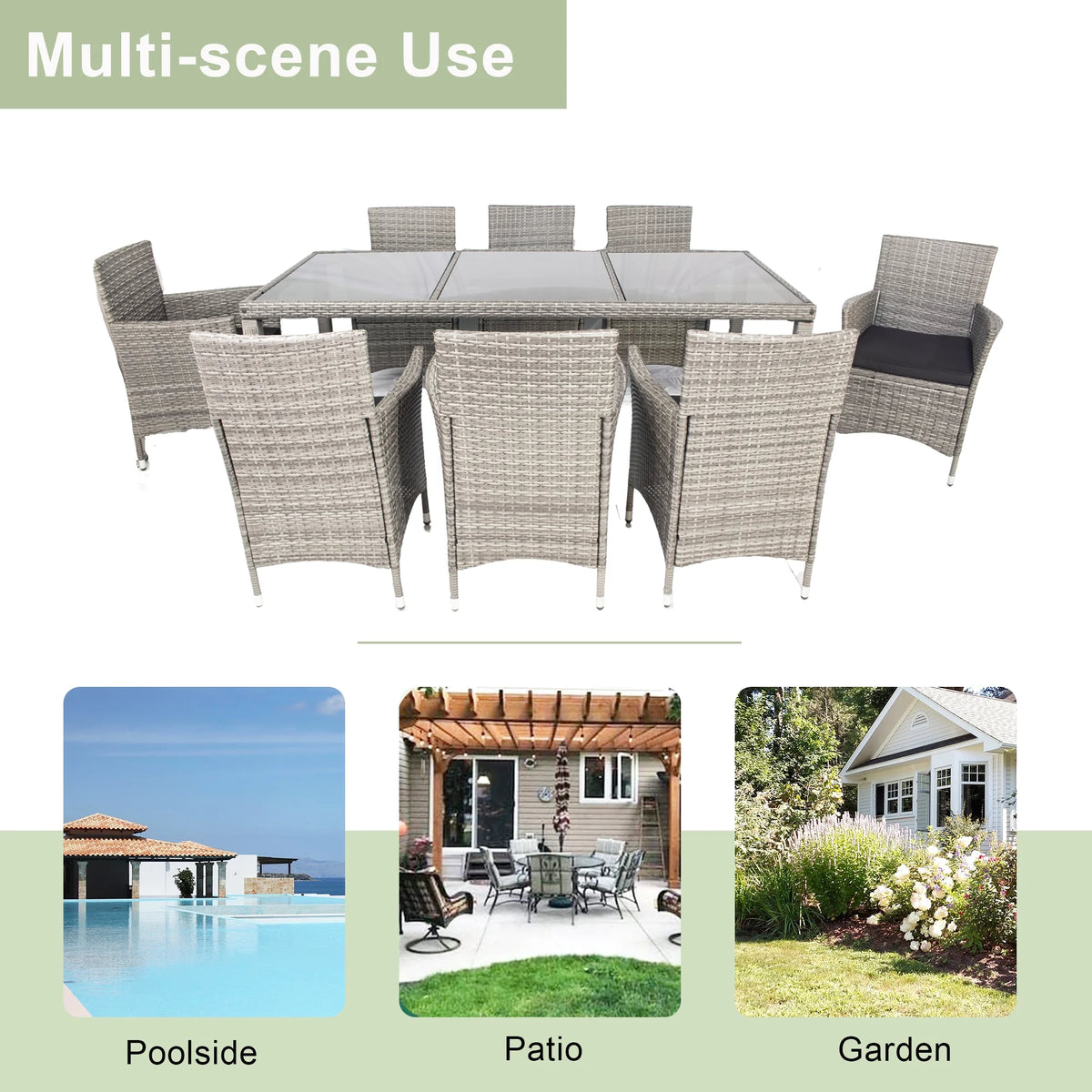 9 Pieces Wicker Outdoor Dining Set with Glass Tabletop and Cushioned Chairs C4544