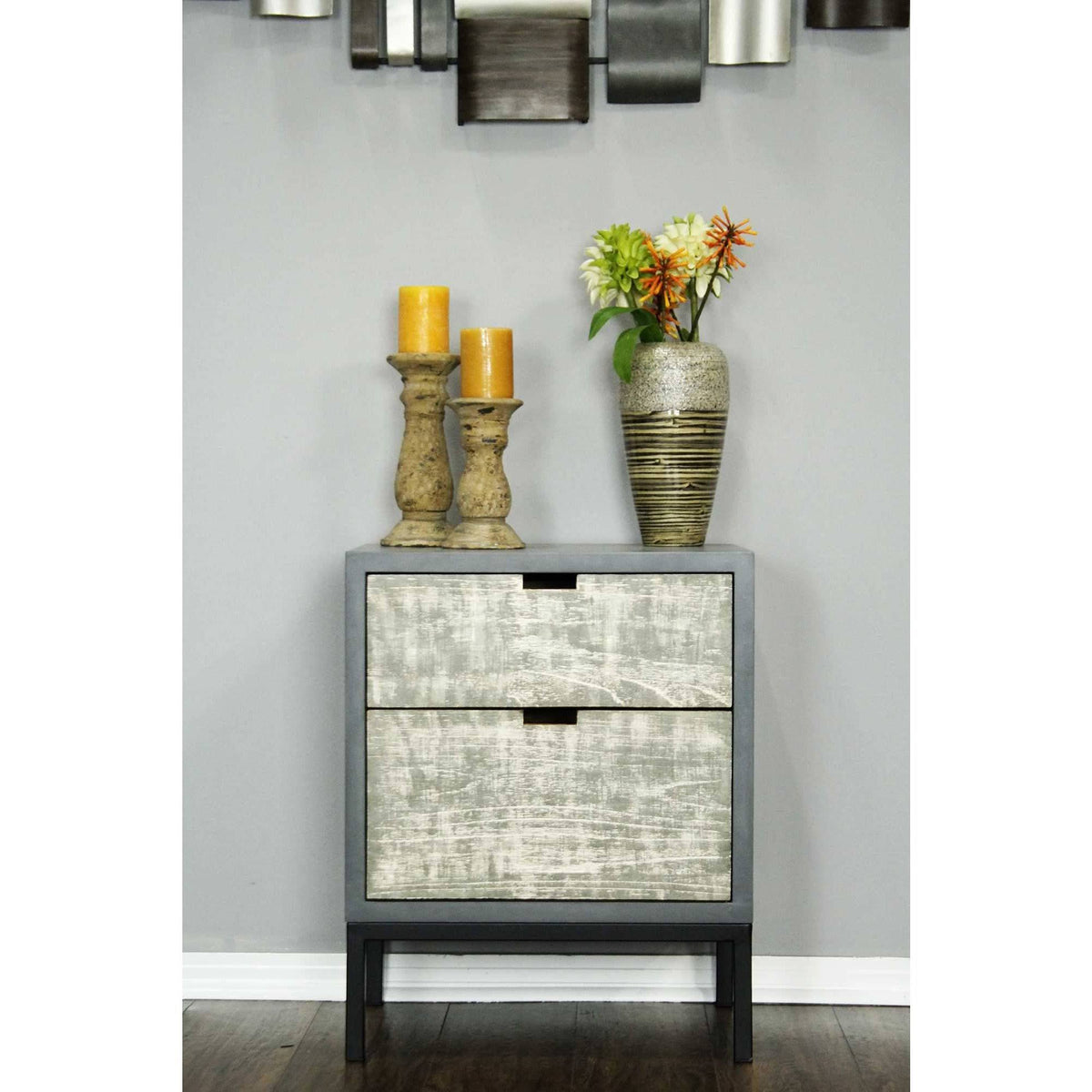 Distressed Gray Iron Accent Cabinet with 2 Wood Drawers X65545