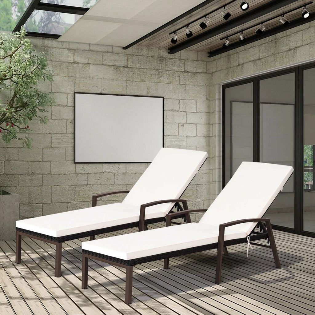 2PCS Brown Rattan Patio Lounge Chair Chaise Recliner E661156