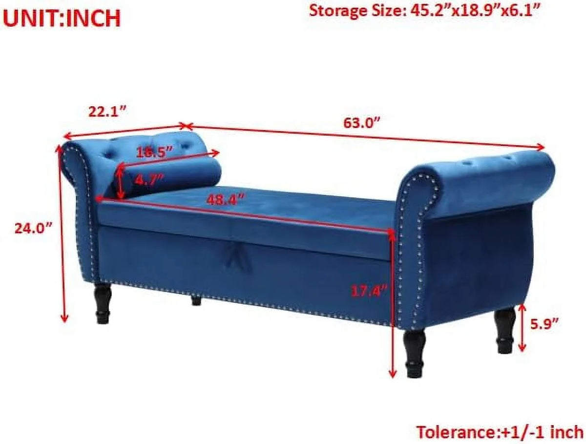 Blue Velvet Storage Bench Ottoman with Solid Wood Legs V89491