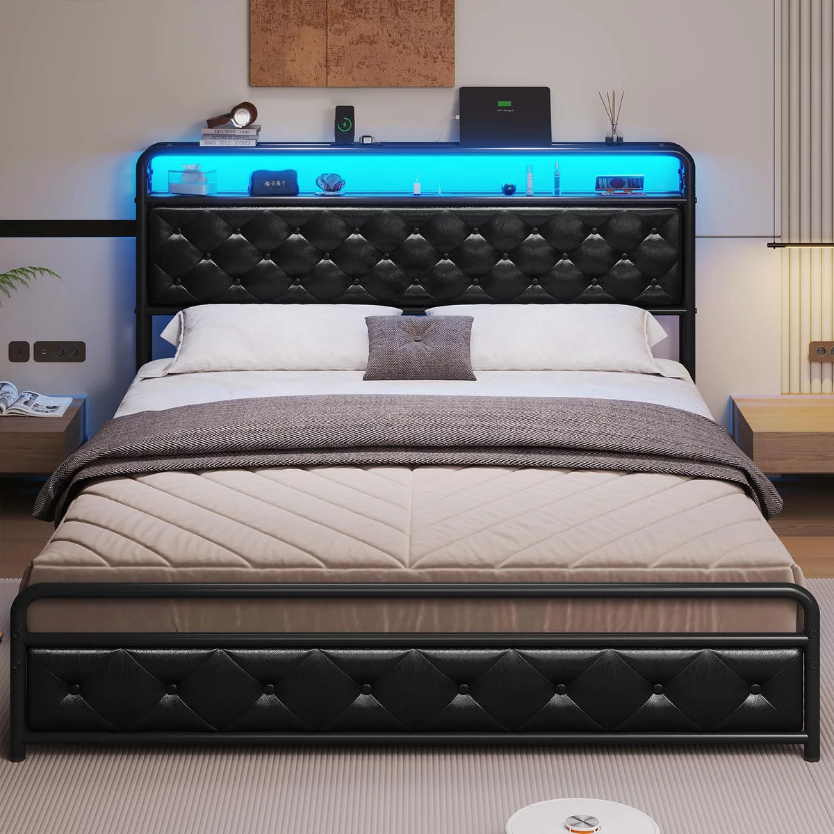 King Size Upholstered Platform Bed Frame with LED Lights, USB Charging Station, Hidden Storage Headboard, Dark Grey V44566