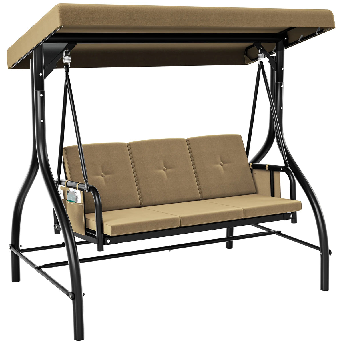 Light Brown Outdoor Patio Swing Bed with Adjustable Canopy and Removable Cushion K283