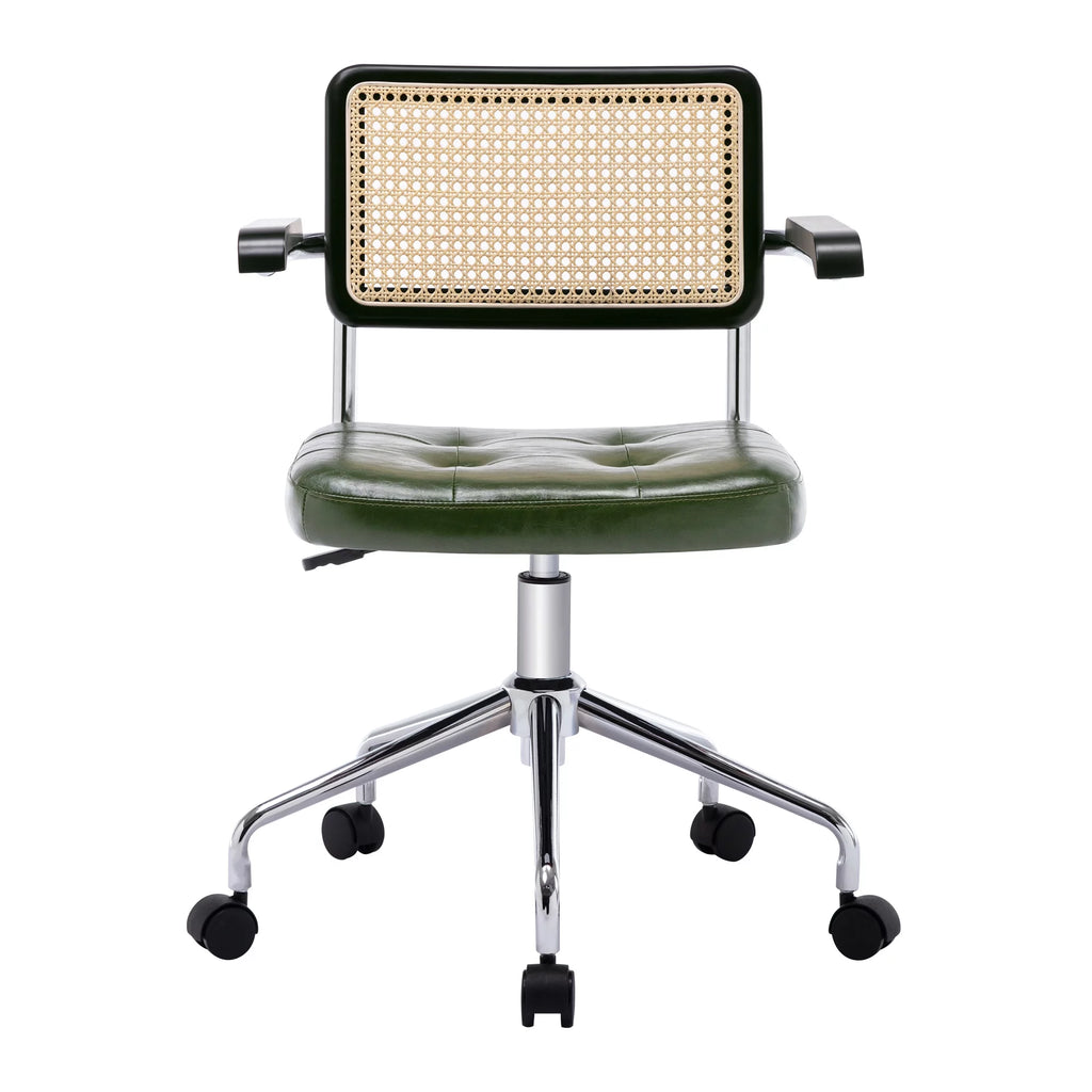 Green Faux Leather Swivel Office Chair with Rattan Back H57782