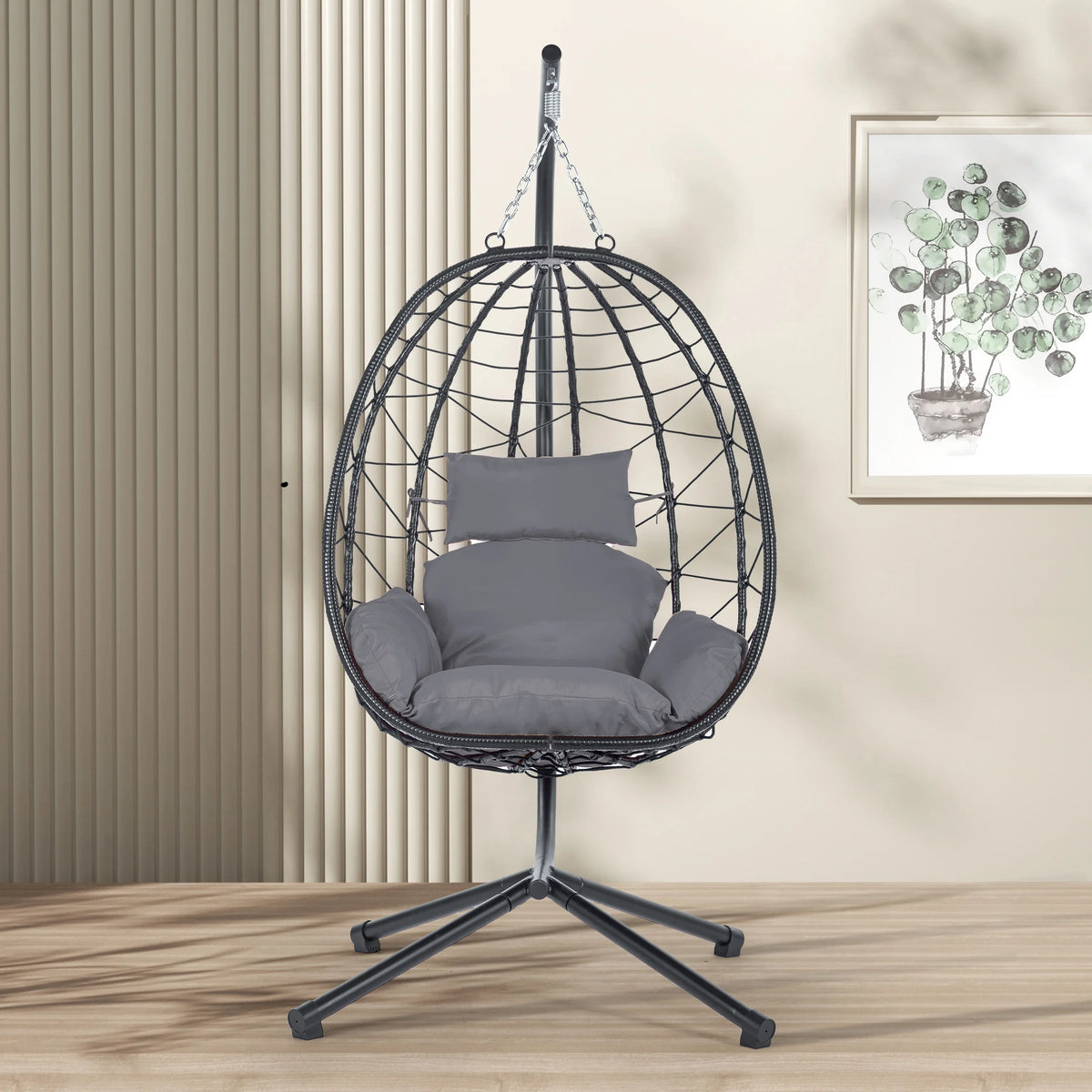Egg Chair with Stand, Steel Frame Swing Chair Max 350Lbs with Cushions & Pillow Gray Z942422