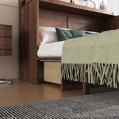 Solid Pine Queen Size Murphy Cabinet Wall Bed with Storage Drawers I44434