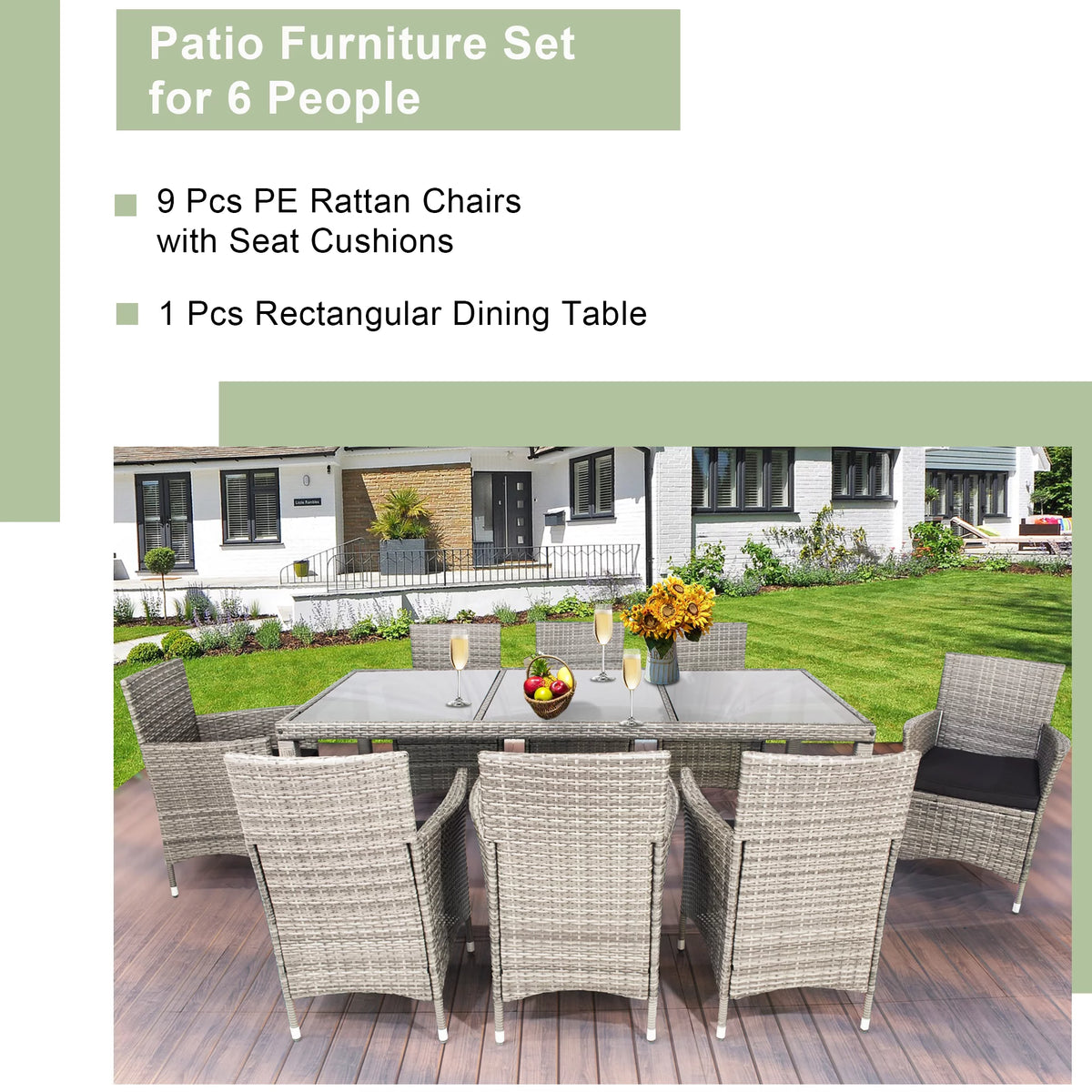 9 Pieces Wicker Outdoor Dining Set with Glass Tabletop and Cushioned Chairs C4544