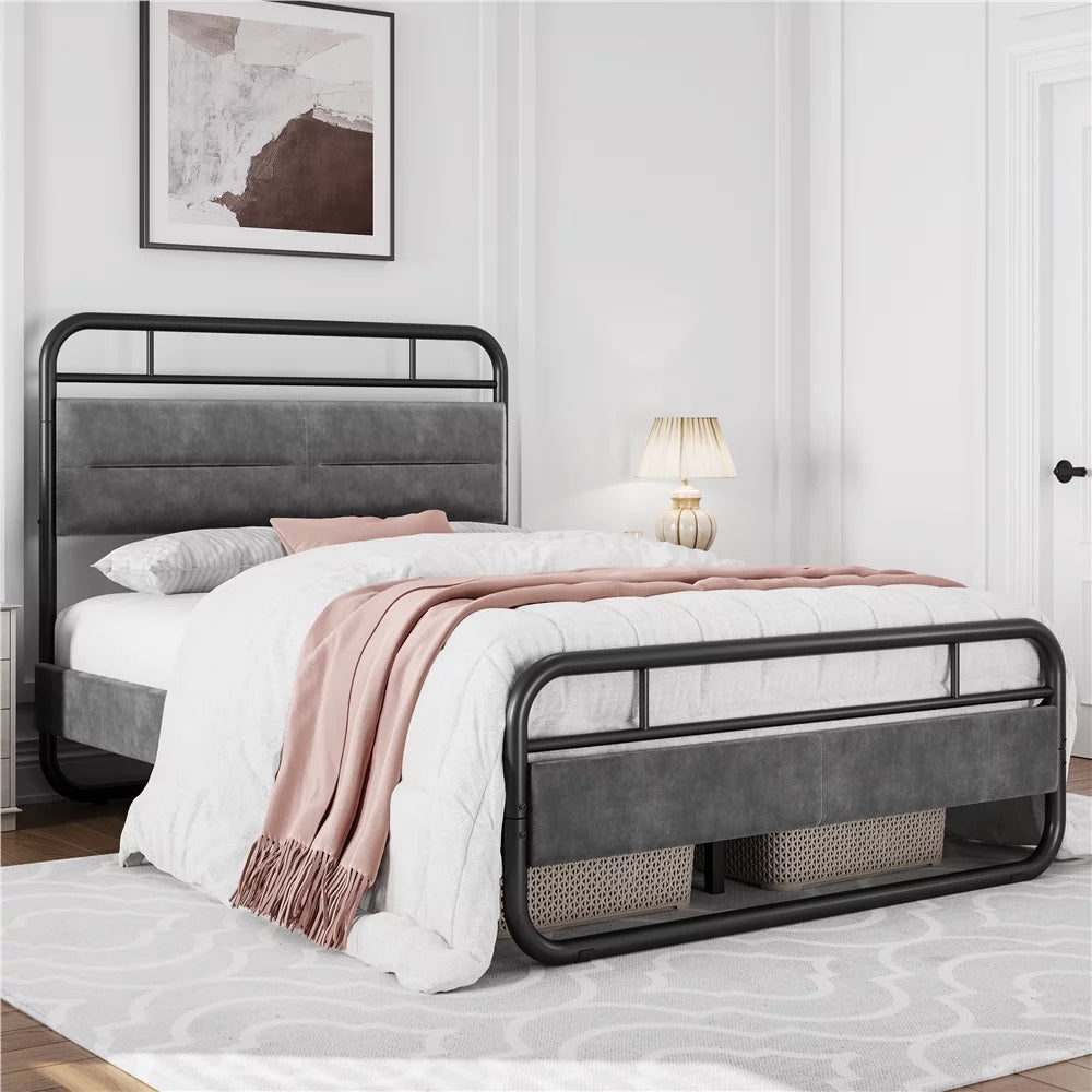 Queen Size Metal Platform Bed with Velvet Upholstered Headboard M347