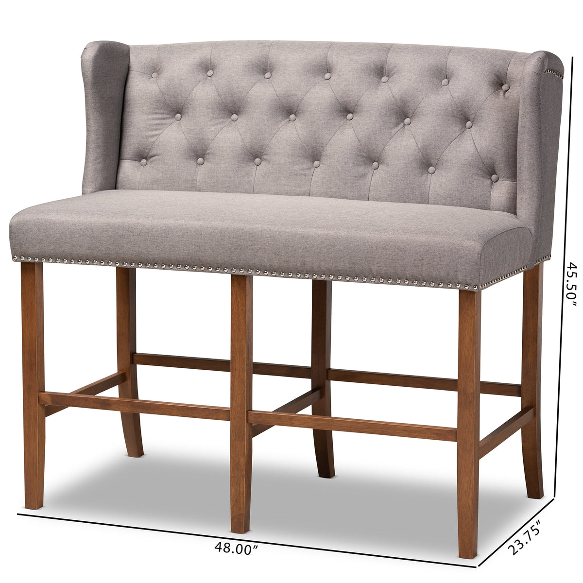 Grey Fabric Upholstered Walnut Finished Wood Button Tufted Bar Stool Bench F4230