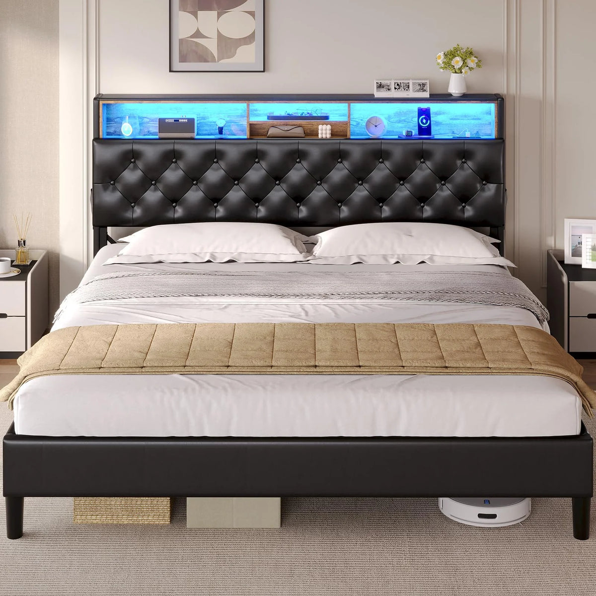 King Size Upholstered Platform Bed Frame with LED Lights, USB Charging Station, Hidden Storage Headboard, Dark Grey V44566