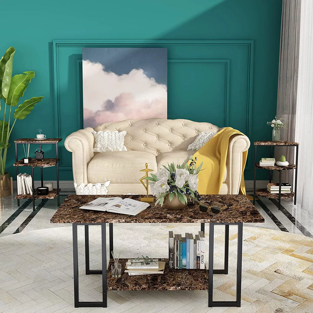 Faux Marble Coffee Table Set of 3 with Metal Legs J323